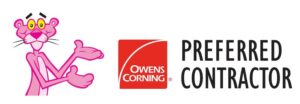 Pink panther mascot presenting the Owens Corning logo and the words 'Preferred Contractor'.
