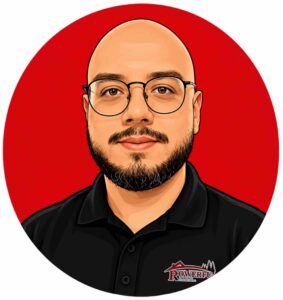 Cartoon portrait of a man with glasses and a beard wearing a black polo shirt with the Powerful Roofing & Construction LLC logo, set against a red circle.