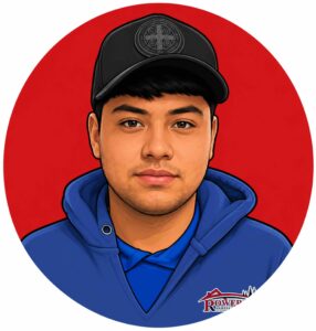 Illustration of a person wearing a blue hoodie and black cap, with a red circular background and a Power Roofing logo at the bottom right.