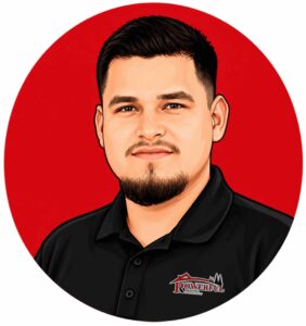 Vector portrait of a man with dark hair and a beard, wearing a black polo with the Powerful Roofing logo on a red circular background.