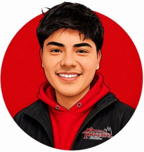 Digital illustration of a smiling young man with short black hair, wearing a red hoodie and black jacket with a Powerful Roofing logo on a red circular background