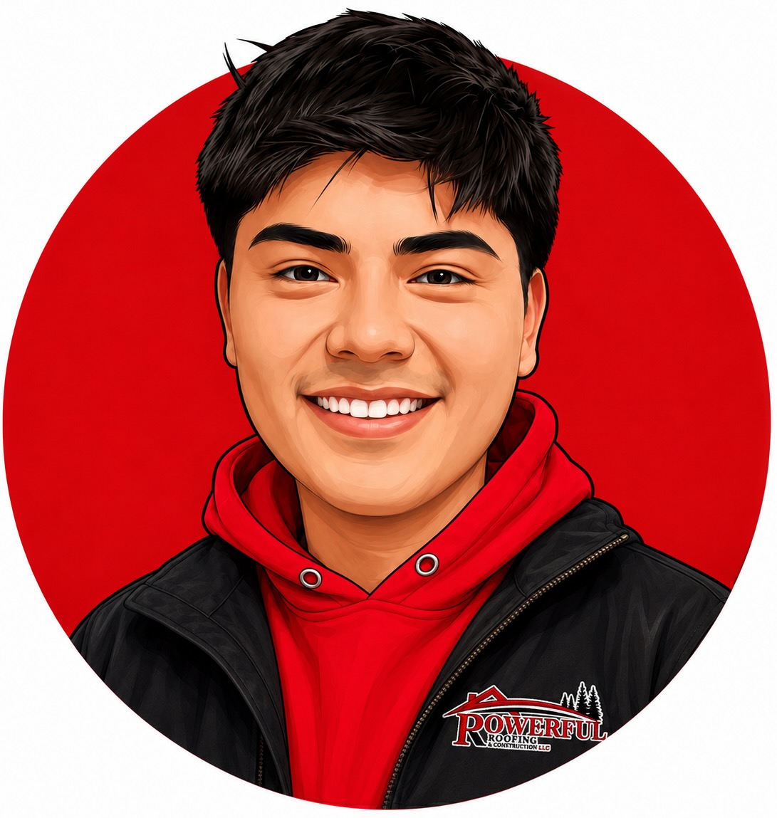 Digital illustration of a smiling young man with short black hair, wearing a red hoodie and black jacket with a Powerful Roofing logo on a red circular background