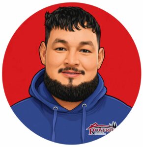 Cartoon/vector illustration of a man with dark hair and beard wearing a blue hoodie, set against a red circular background, with a roofing company logo on the chest.