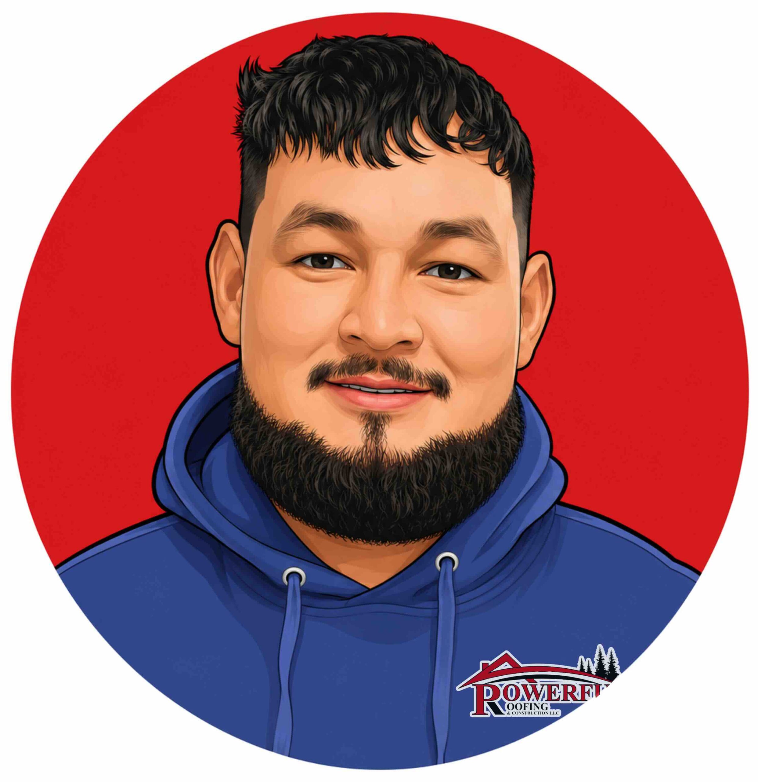 Cartoon/vector illustration of a man with dark hair and beard wearing a blue hoodie, set against a red circular background, with a roofing company logo on the chest.