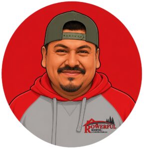 Cartoon portrait of a smiling man wearing a backward cap and a gray-and-red hoodie with a Powerf ul Roofing logo on the chest against a red circular background