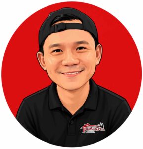 Cartoon portrait of a smiling man in a black polo, wearing a backward cap, set against a red circular background with a roofing company logo.