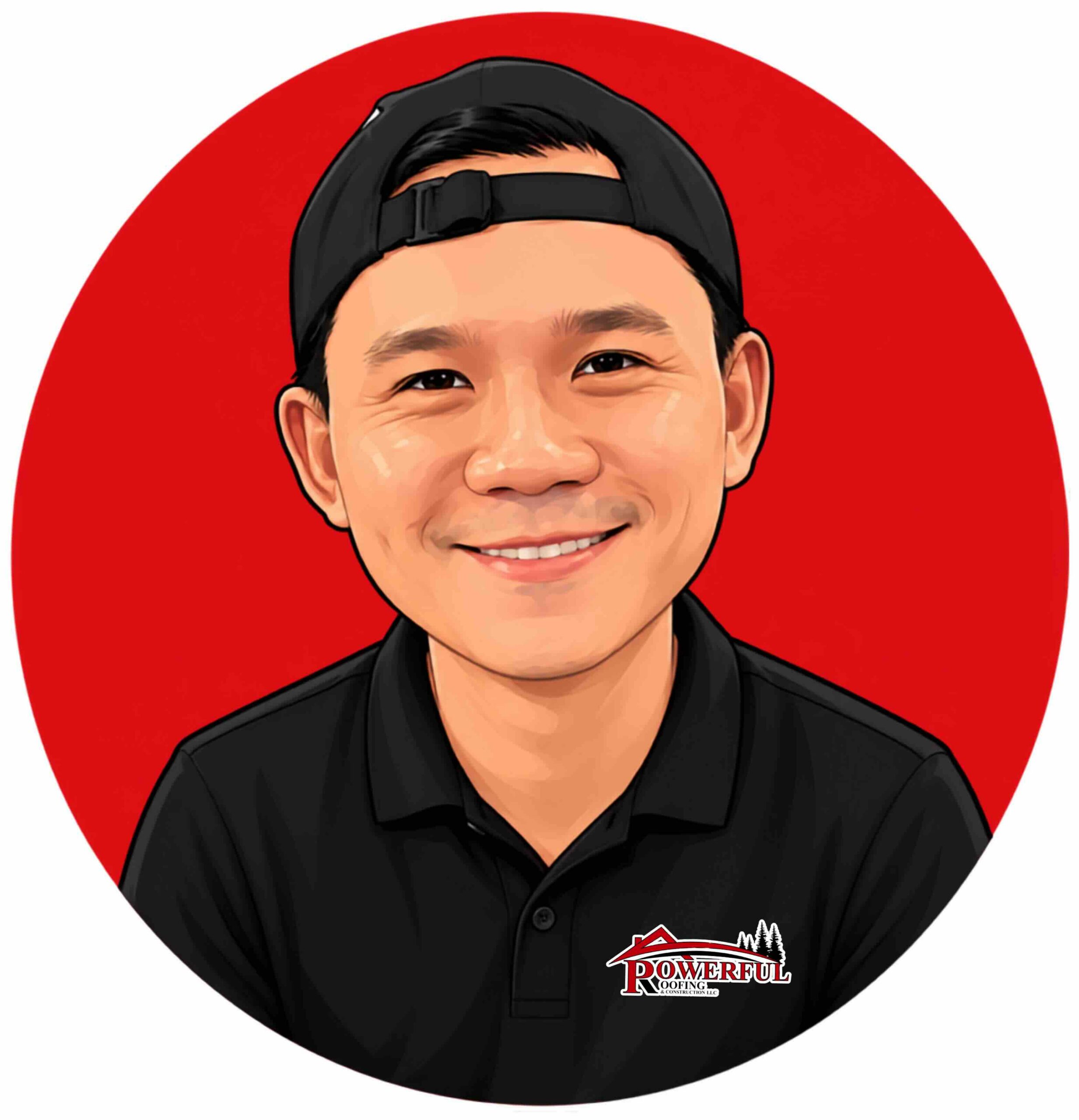 Cartoon portrait of a smiling man in a black polo, wearing a backward cap, set against a red circular background with a roofing company logo.