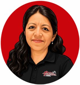 Illustrated head-and-shoulders portrait of a smiling woman with long dark hair, wearing a black polo with a Power­ful Roofing logo against a red circle background.