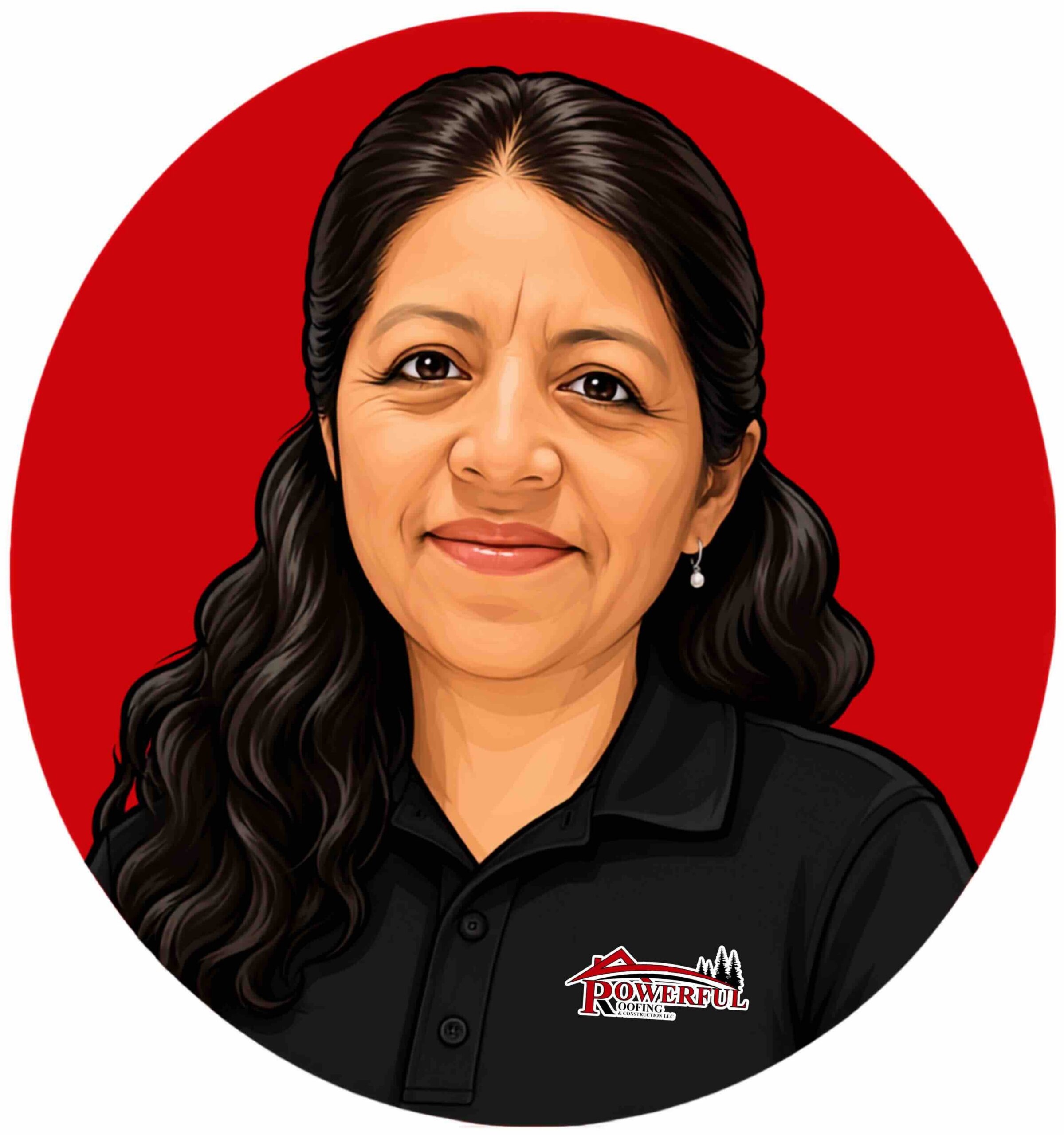 Illustrated head-and-shoulders portrait of a smiling woman with long dark hair, wearing a black polo with a Power­ful Roofing logo against a red circle background.