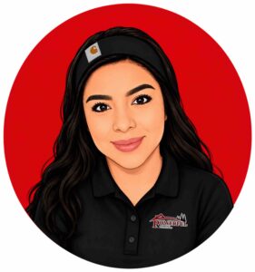 Illustrated portrait of a woman with long dark hair wearing a black polo shirt with a Power Roofing logo, against a red circular background.