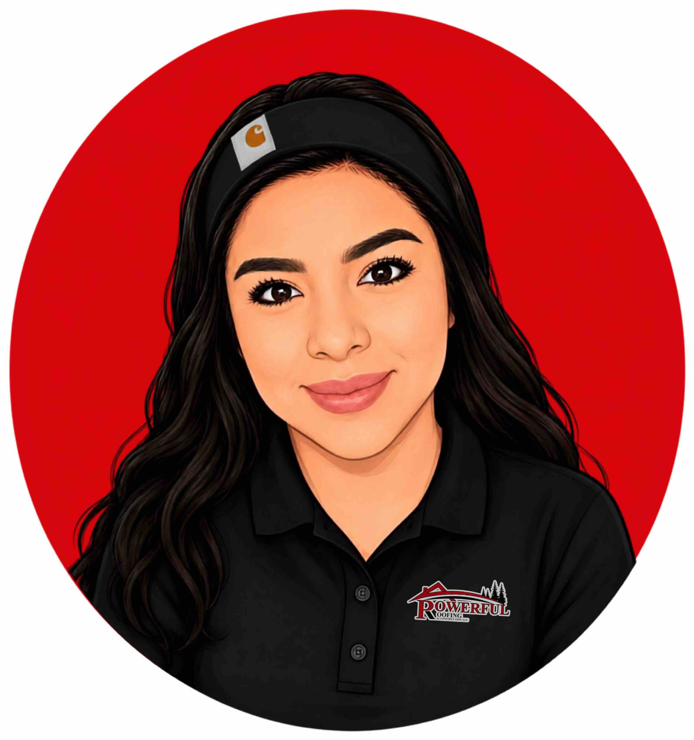 Illustrated portrait of a woman with long dark hair wearing a black polo shirt with a Power Roofing logo, against a red circular background.