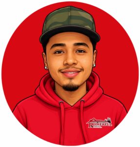 Illustrated portrait of a person wearing a camo cap and red hoodie, against a red circular background, with a Powerf ul Roofing logo on the chest.