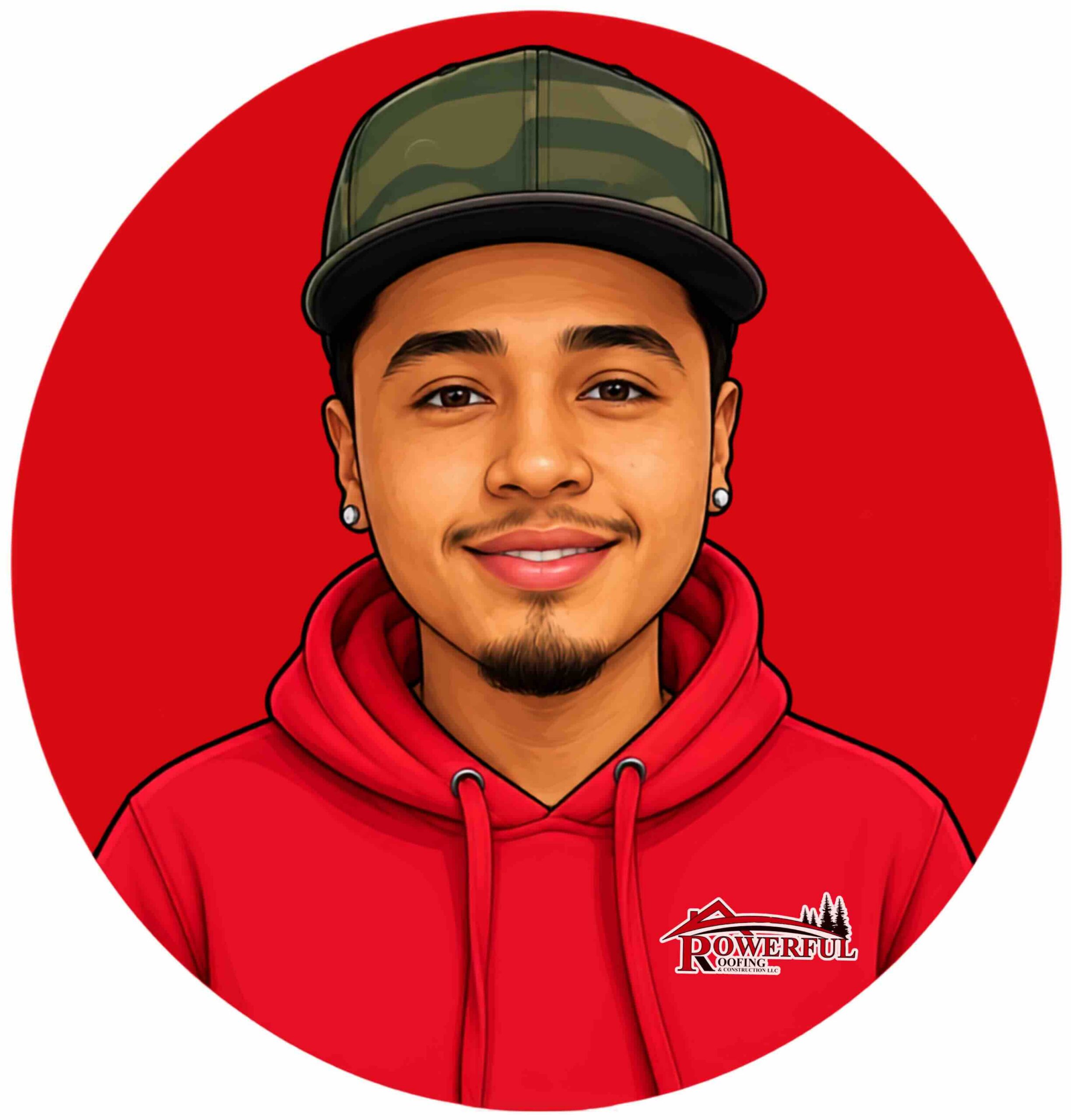 Illustrated portrait of a person wearing a camo cap and red hoodie, against a red circular background, with a Powerf ul Roofing logo on the chest.