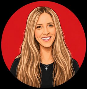 Illustrated portrait of a smiling woman with long blonde hair wearing a black top and a cross necklace, set against a red circular background.