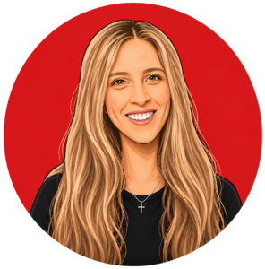 Illustrated head-and-shoulders portrait of a smiling blonde woman wearing a black top and cross necklace on a red circular background.