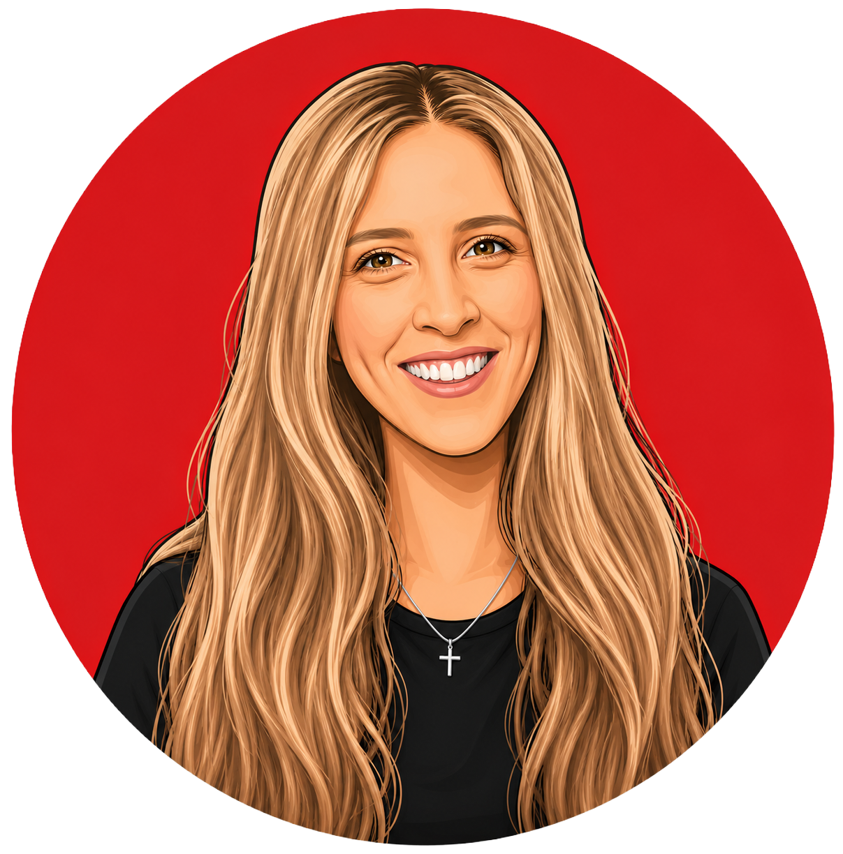 Illustrated head-and-shoulders portrait of a smiling blonde woman wearing a black top and cross necklace on a red circular background.