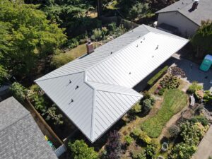 Aerial view of a suburban backyard with a long metal‑roofed house, brick chimney, and a well-tended garden along the fence.”] ,