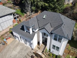 Aerial view of two modern houses with gray shingled roofs, reaching into a tree-filled yard and backyards behind fences and decks.